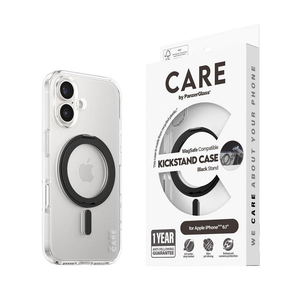 CARE by PanzerGlass iPhone 16 Feature Kickstand Skal - MagSafe Kompatibel - Transparent / Black