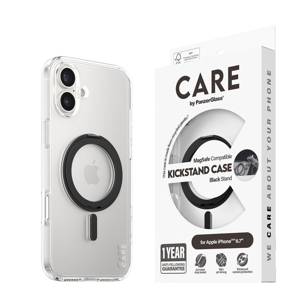 CARE by PanzerGlass iPhone 16 Plus Feature Kickstand Skal - MagSafe Kompatibel - Transparent / Black