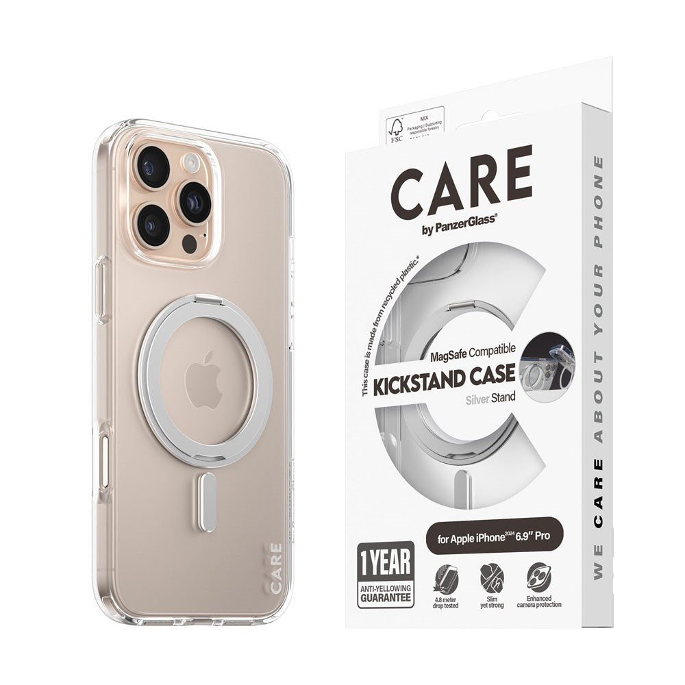 CARE by PanzerGlass iPhone 16 Pro Max Feature Kickstand Skal - MagSafe Kompatibel - Transparent / Silver