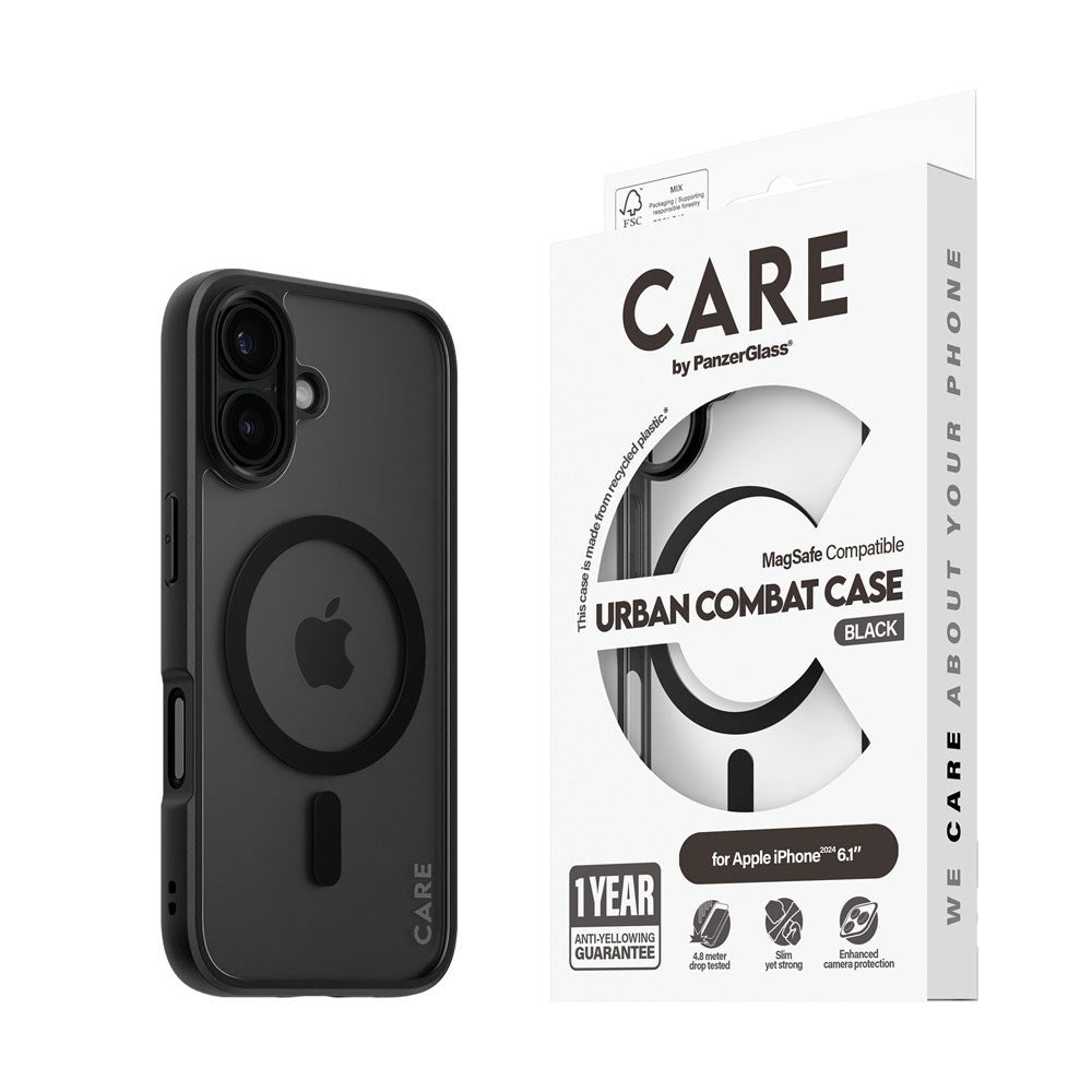 CARE by PanzerGlass iPhone 16 FLAGSHIP Urban Combat Skal - MagSafe Kompatibel - Transparent / Black Frame