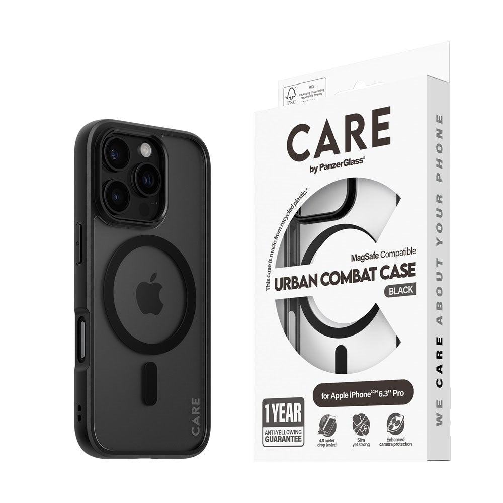 CARE by PanzerGlass iPhone 16 Pro FLAGSHIP Urban Combat Skal - MagSafe Kompatibel -Transparent / Black Frame