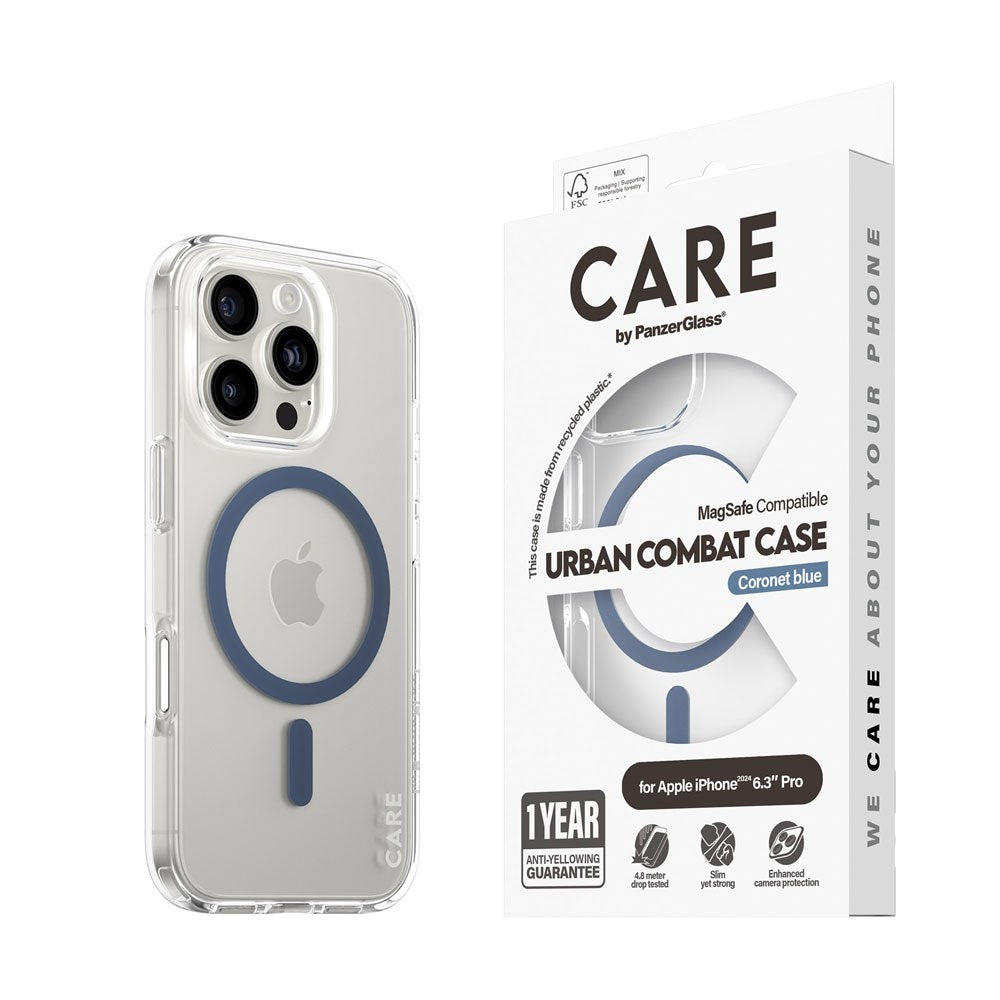 CARE by PanzerGlass iPhone 16 Pro FLAGSHIP Urban Combat Skal - MagSafe Kompatibel -Transparent / Coronet Blue