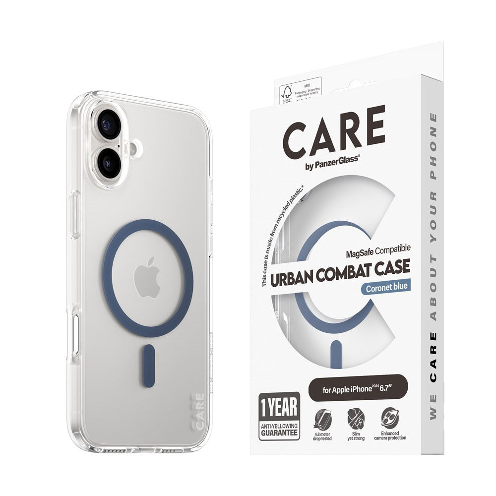 CARE by PanzerGlass iPhone 16 Plus FLAGSHIP Urban Combat Skal - MagSafe Kompatibel -Transparent / Coronet Blue