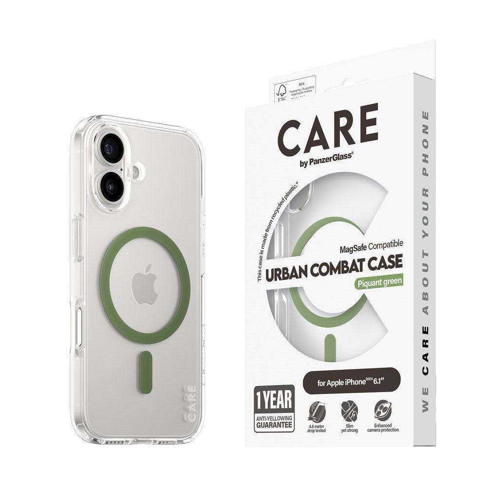 CARE by PanzerGlass iPhone 16 FLAGSHIP Urban Combat Skal - MagSafe Kompatibel -Transparent / Piquant Green