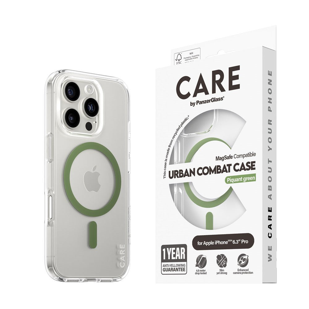 CARE by PanzerGlass iPhone 16 Pro FLAGSHIP Urban Combat Skal - MagSafe Kompatibel -Transparent / Piquant Green