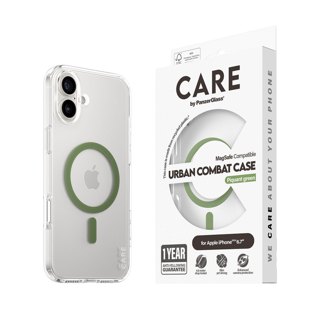 CARE by PanzerGlass iPhone 16 Plus FLAGSHIP Urban Combat Skal - MagSafe Kompatibel -Transparent / Piquant Green