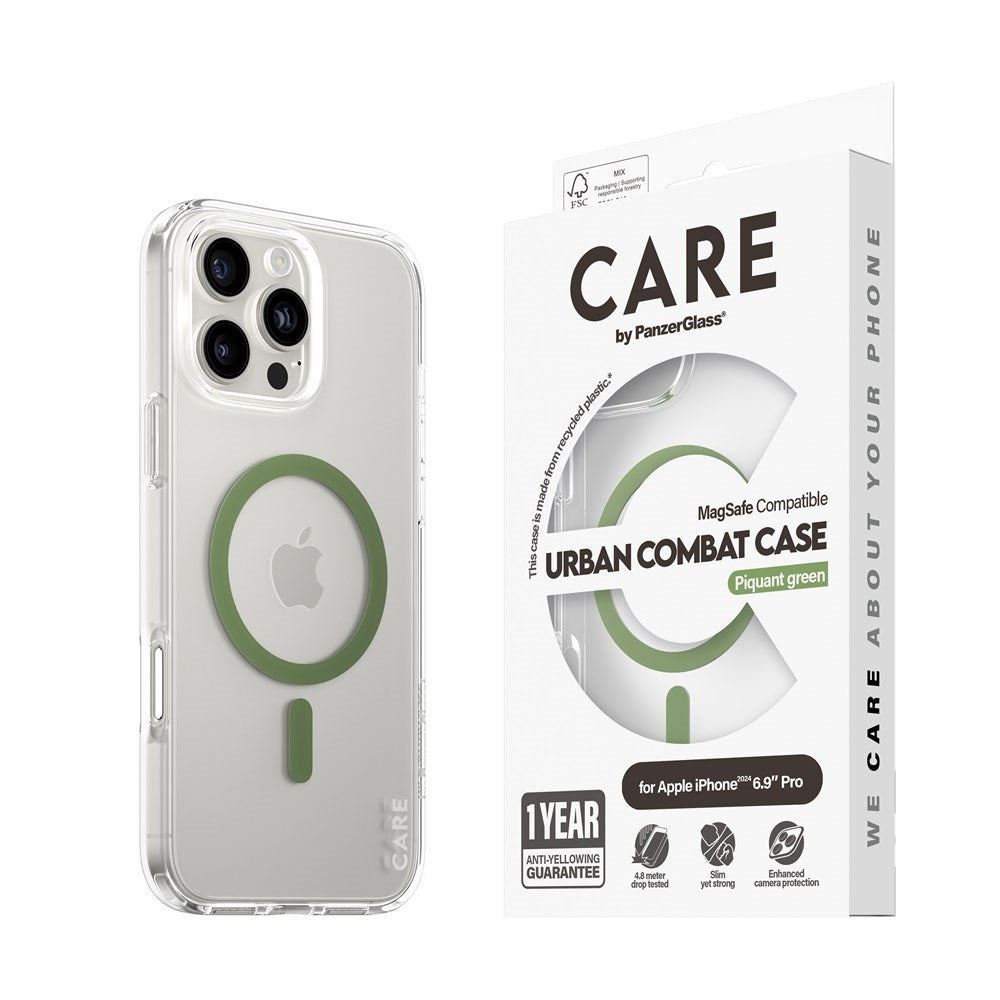 CARE by PanzerGlass iPhone 16 Pro Max FLAGSHIP Urban Combat Skal - MagSafe Kompatibel - Transparent / Piquant Green