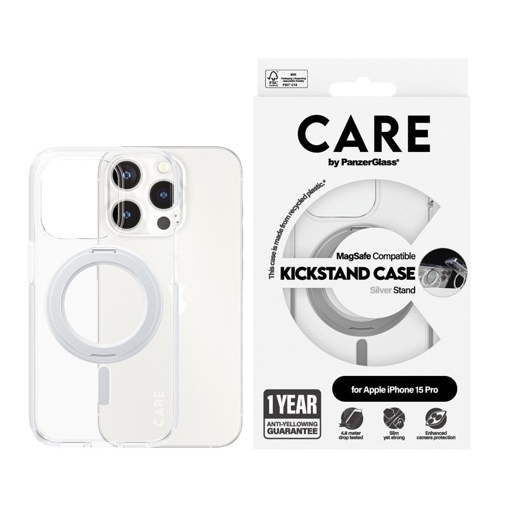 CARE by PanzerGlass iPhone 15 Pro Feature Kickstand Skal - MagSafe Kompatibel - Transparent / Silver