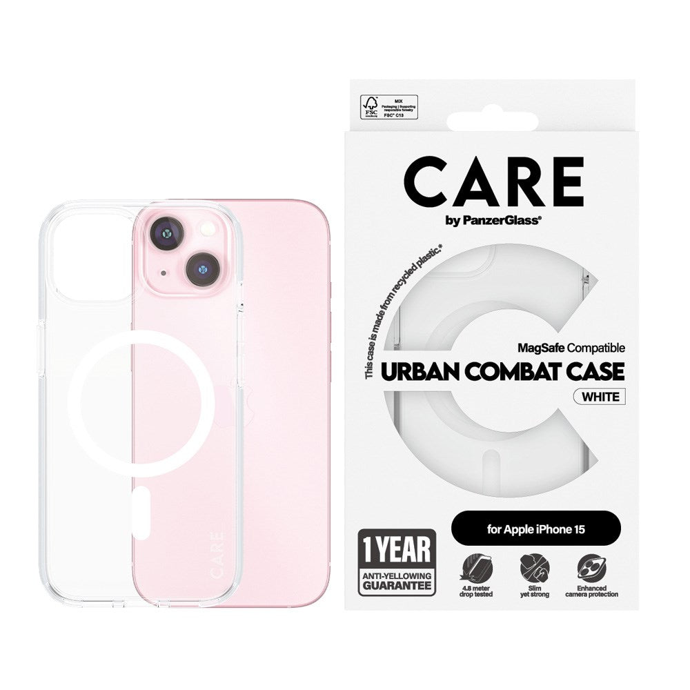 CARE by PanzerGlass iPhone 15 FLAGSHIP Urban Combat Skal - MagSafe Kompatibel - Transparent / White