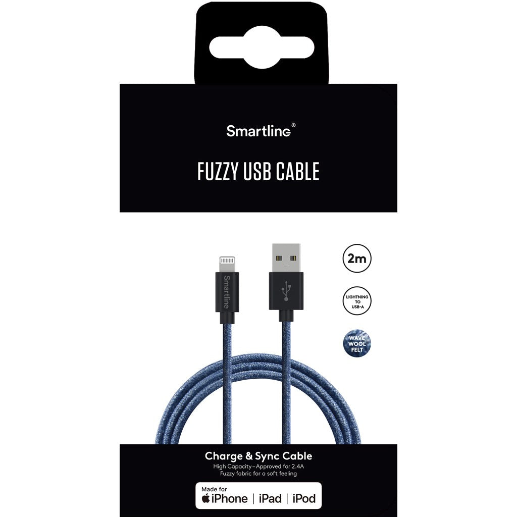 SmartLine Fuzzy USB-a till Lightning Cable 2 m. - Blått