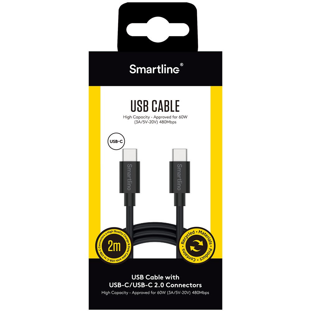 Smartline USB-C till USB-C-Kabel (3A/60W) - 2 m - Svart