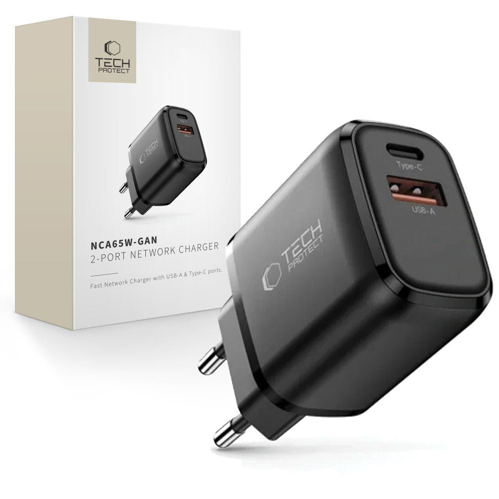 Tech-Protect 65W Väggladdare m. 1x USB-C & 1x USB-A - Svart