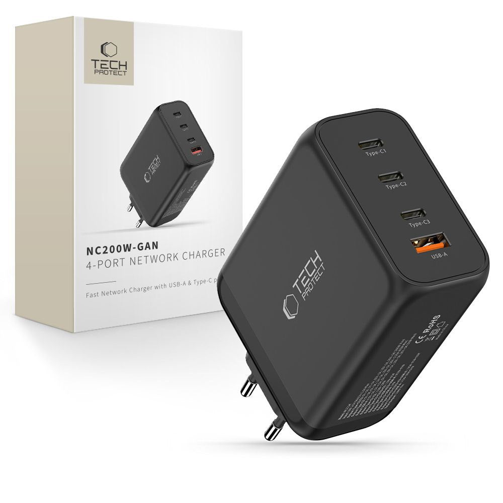 Tech-Protect 200W Väggladdare m. 3x USB-C & 1x USB-A - Svart