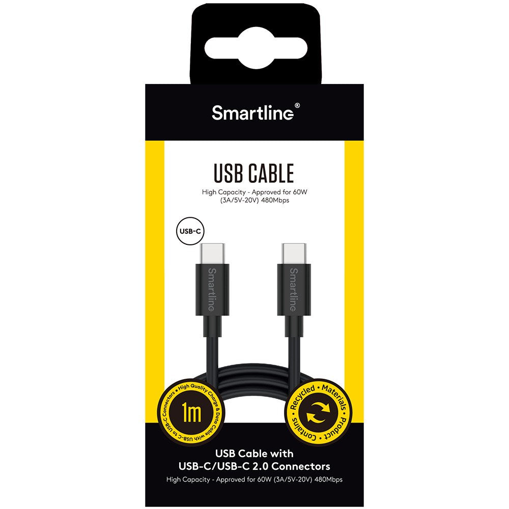 Smartline USB-C till USB-C-Kabel (3A/60W) - 1 m - Svart