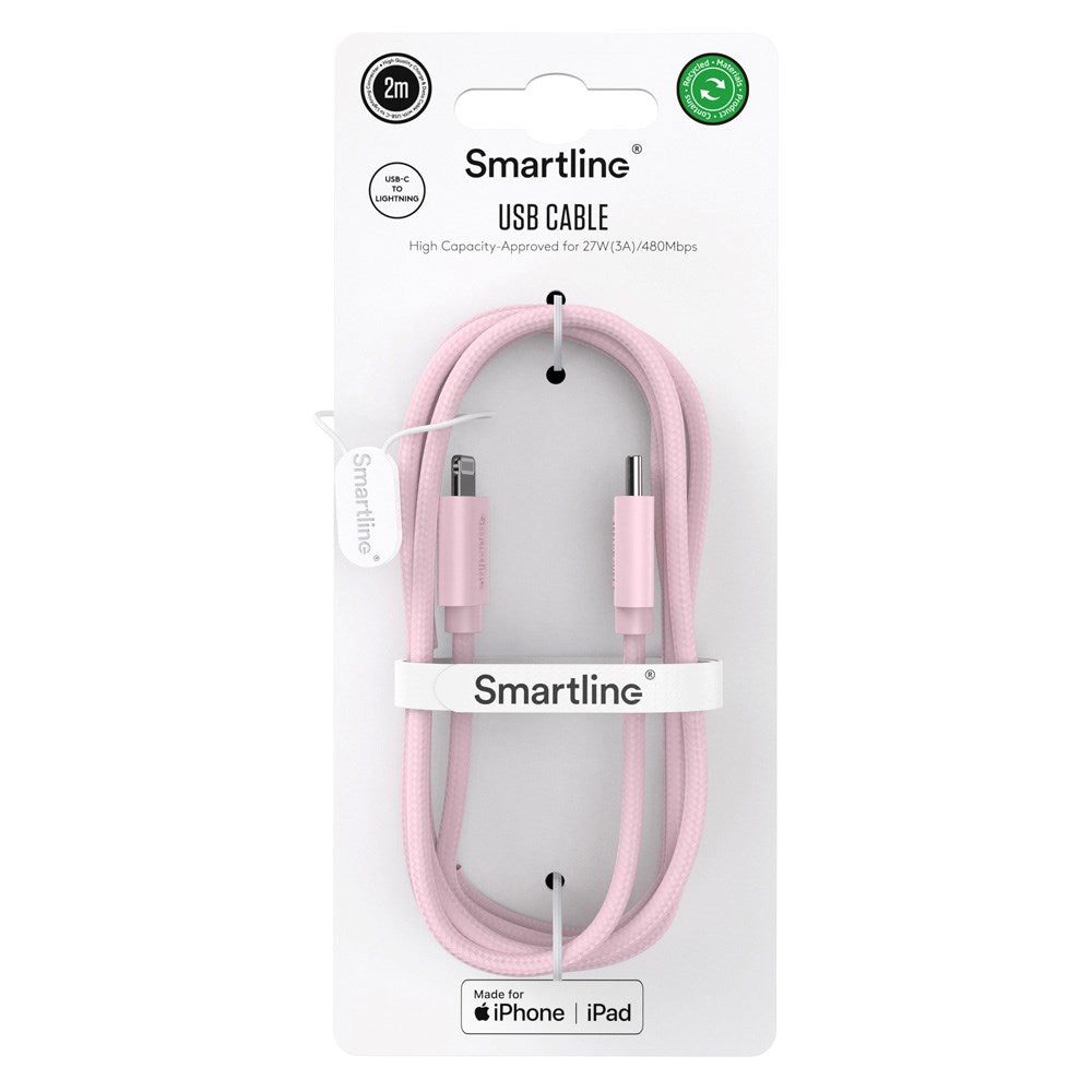 Smartline (3A/27W) USB-C till Lightning Braidy Kabel 2m - Rosa