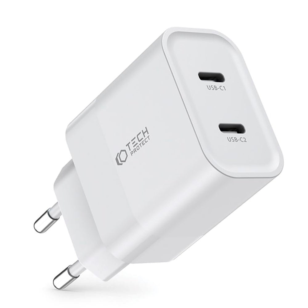 Tech-Protect 20W Väggladdare med 2 x USB-C & USB-C-kabel - Vit