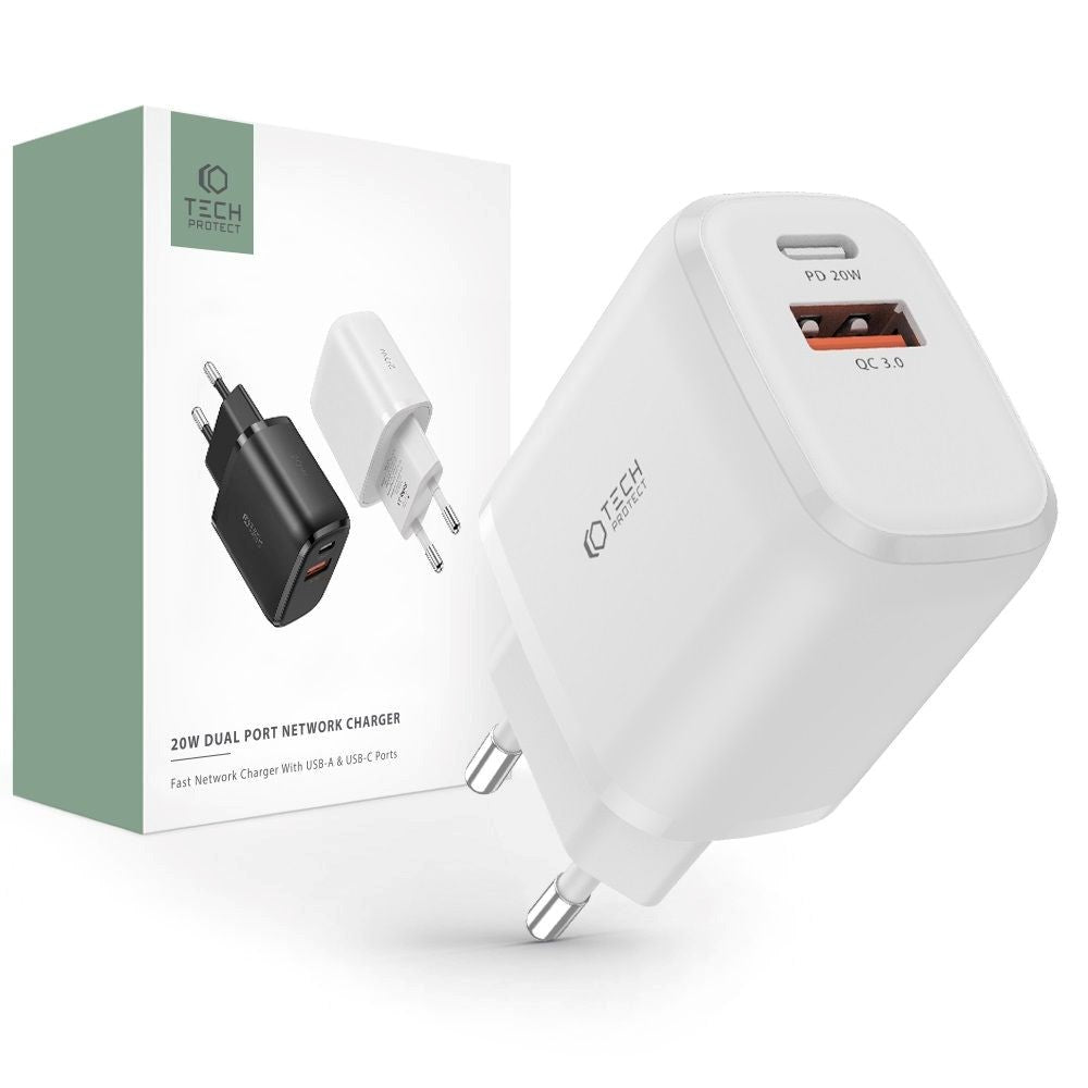 Tech-Protect Network PD 20W Väggladdare med 1 X USB-C och 1 X USB-A - Vit