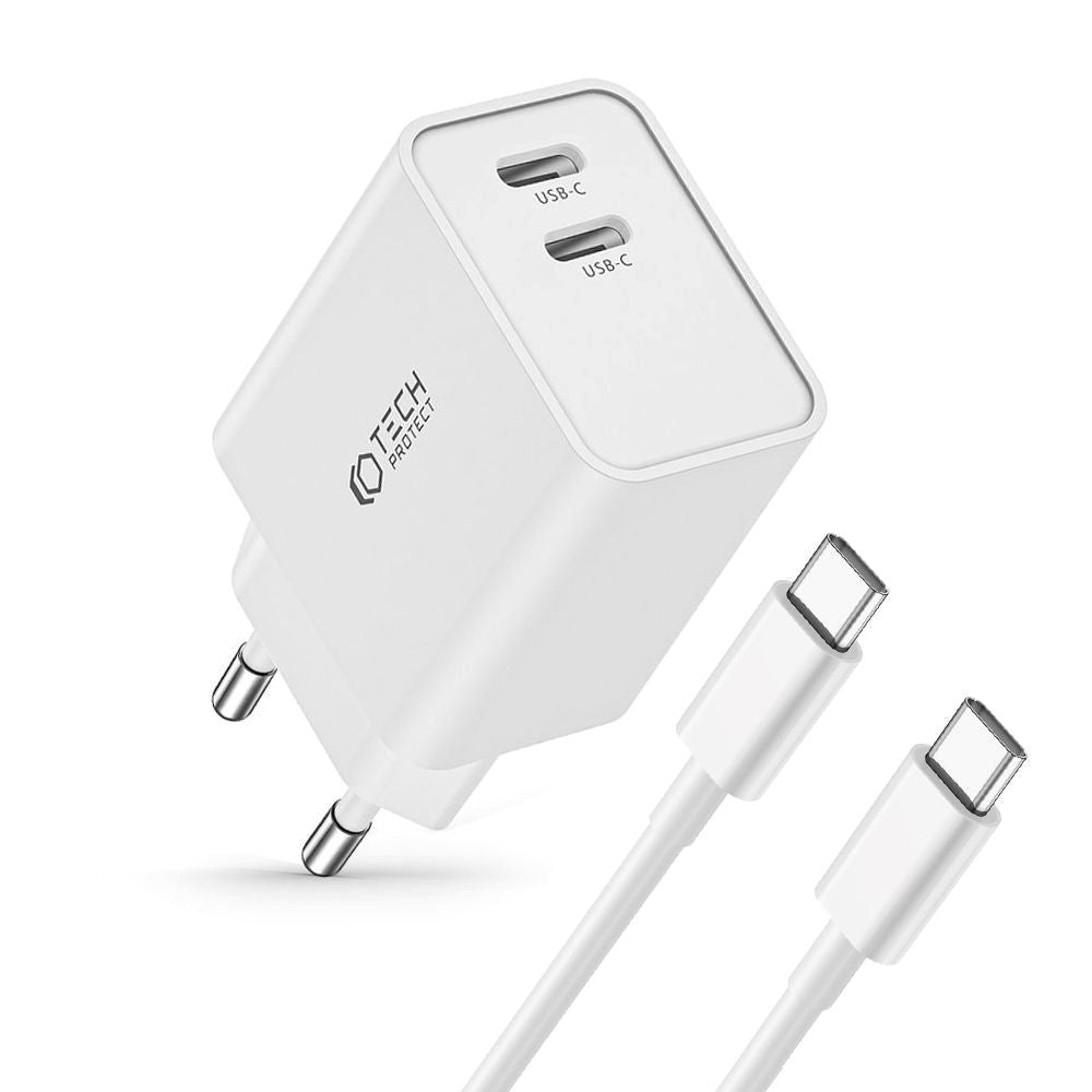 Tech-Protect Network 35W väggladdare med 2 x USB-C & USB-C-Kabel - Vit