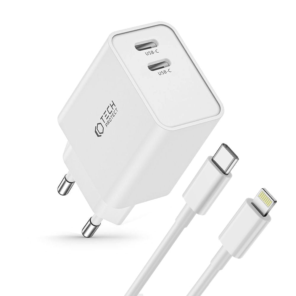 Tech-Protect Network 35W väggladdare med 2 x USB-C & Lightning-Kabel - Vit