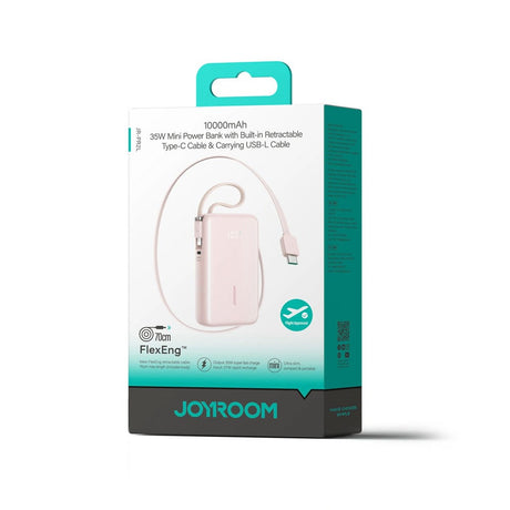 Joyroom JR-PR2L 35W PowerBank m. Utdragbar USB-C Kabel & Inbyggd Lightning Kabel - 10.000 mAh - Rosa