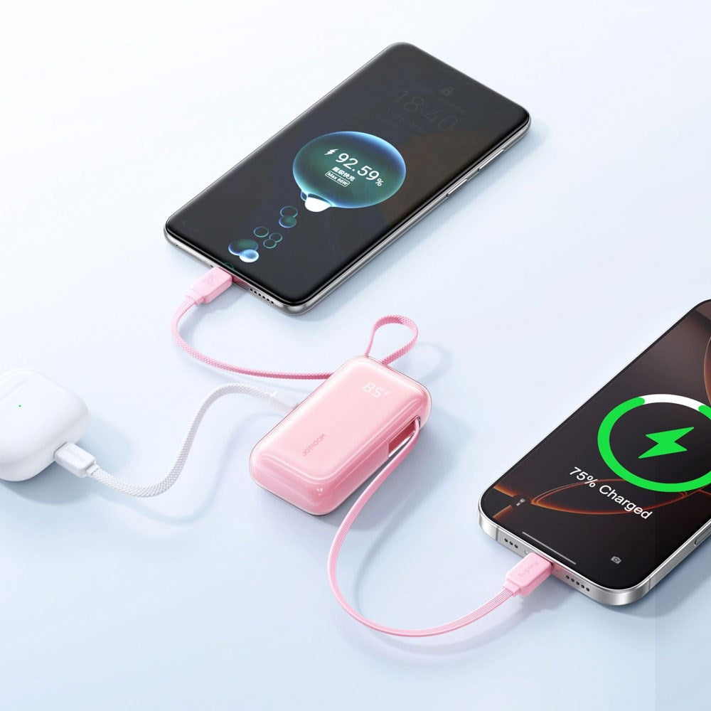 Joyroom JR-PR2L 35W PowerBank m. Utdragbar USB-C Kabel & Inbyggd Lightning Kabel - 10.000 mAh - Rosa