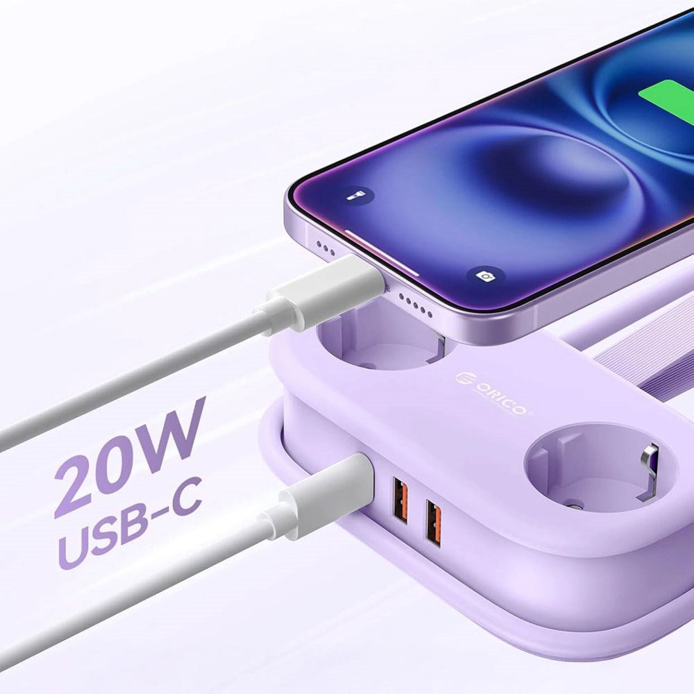 ORICO 20W 5-i-1 Grenuttag med 2 x Schuko 2 x USB-A 1 x USB-C - Lila