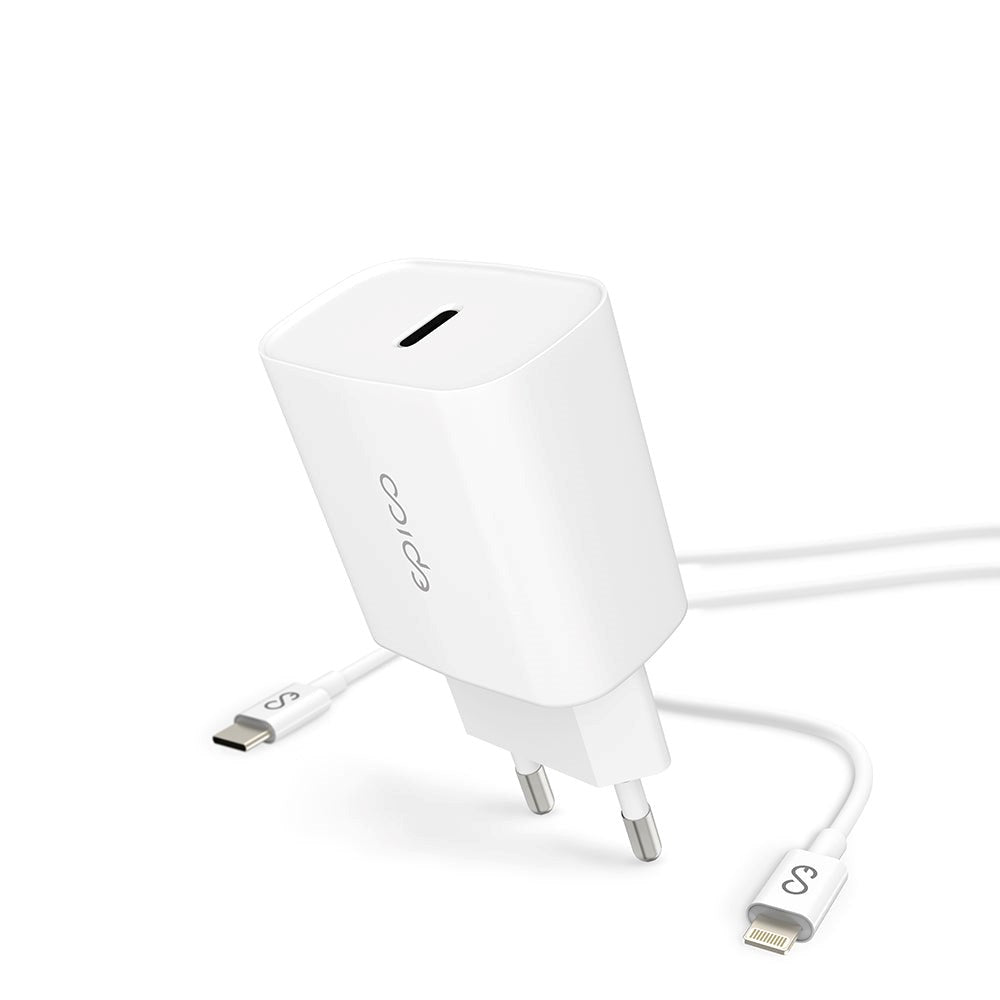 Epico Väggladdare PD 20W m. USB-C till Lightning Kabel - Vit