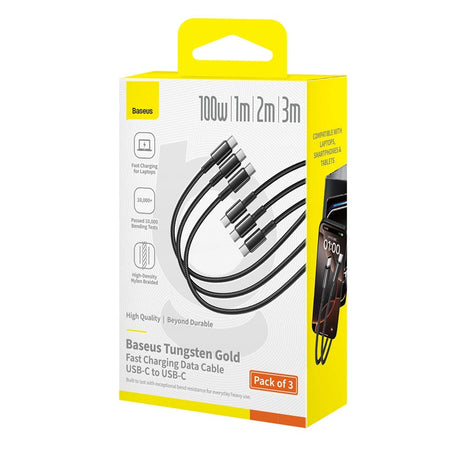 Baseus Tungsten Gold 100W USB-C till USB-C Kabel Set - 1m / 2m / 3m - 3 st - Svart