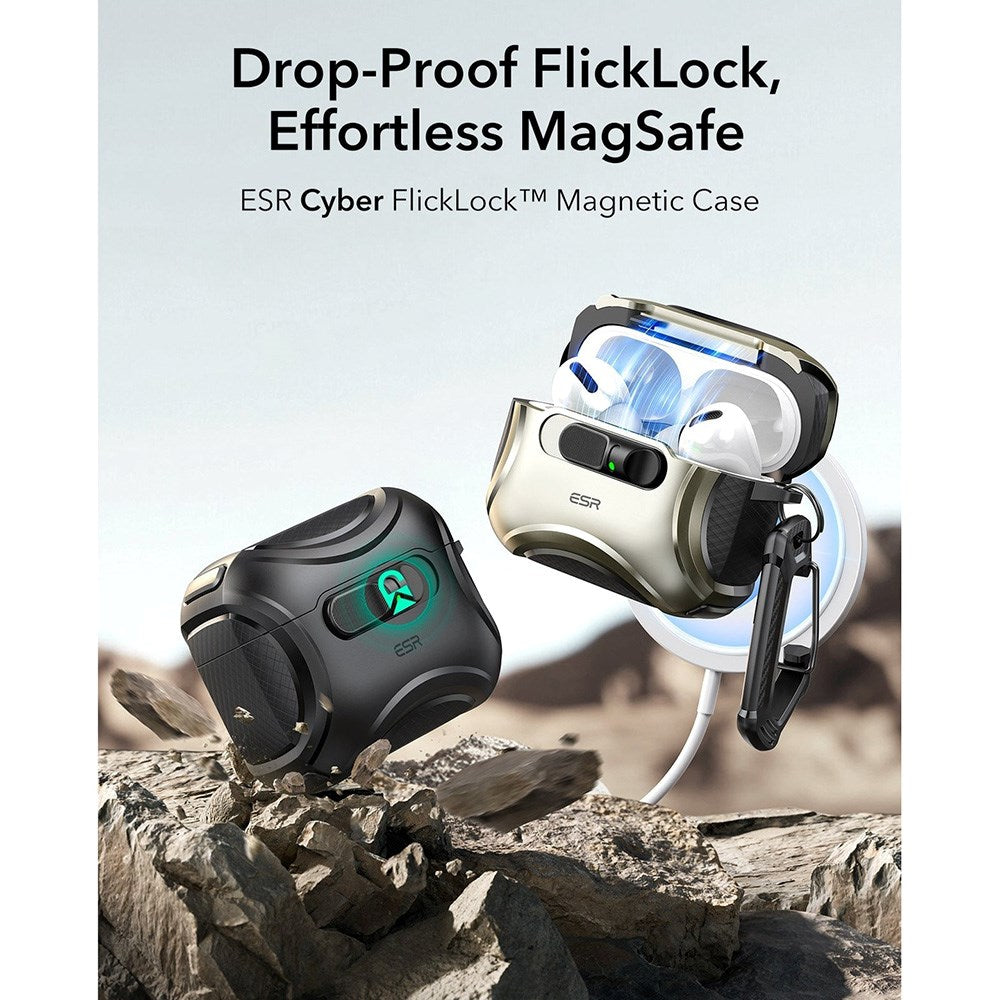 ESR AirPods Pro (3:e gen.) Cyber FlickLock Fodral med Karbinhake – Svart