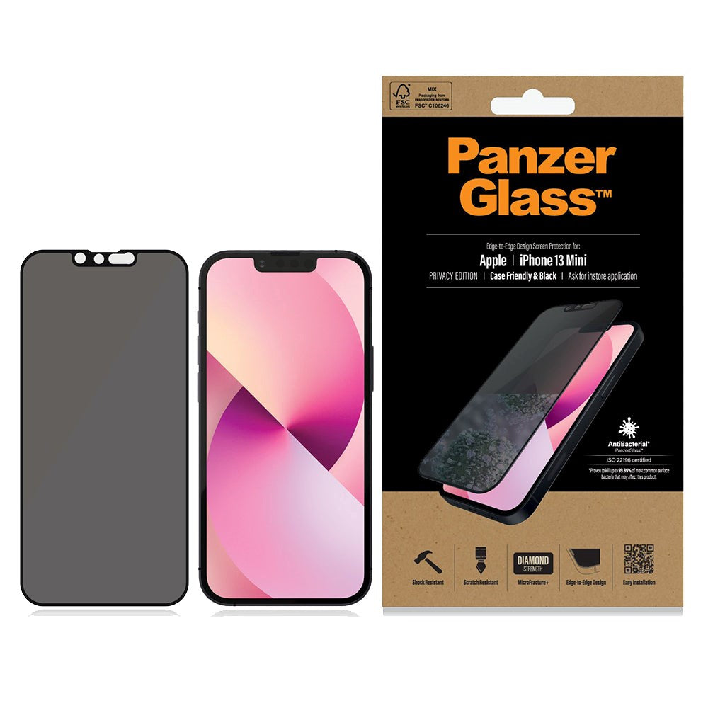 iPhone 13 Mini PanzerGlass Antibakteriellt Skärmskydd med Sekretessfilter Edge-to-edge - Skalvänligt - Svart