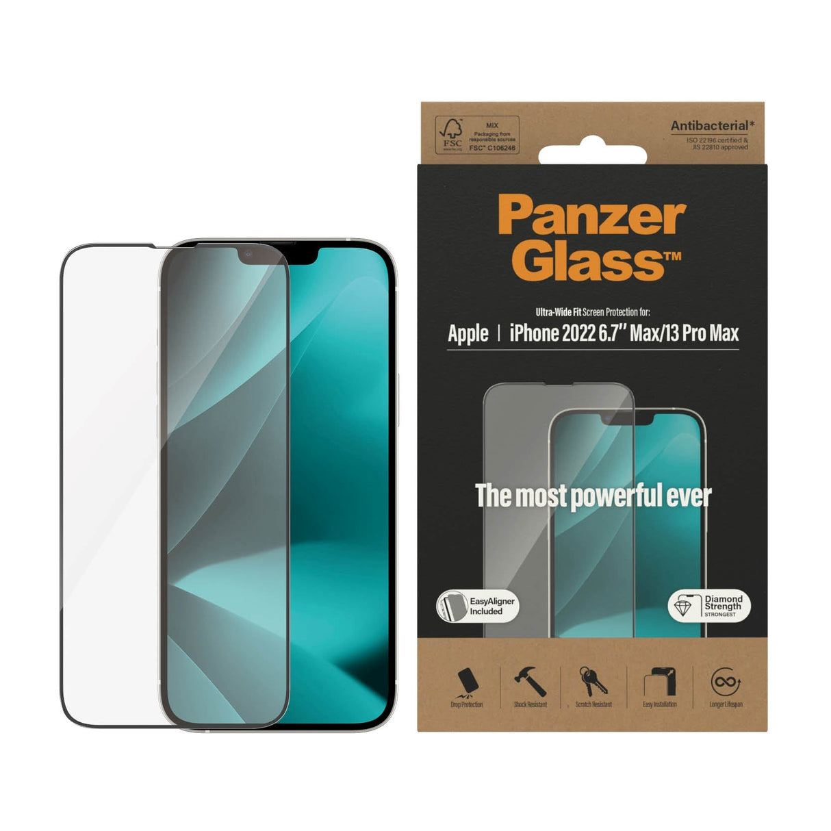 iPhone 14 Plus / 13 Pro Max PanzerGlass Ultra Wide Fit Skärmskydd med EasyAligner - Antibakteriellt - Diamond Strength - Transparent / Svart kant