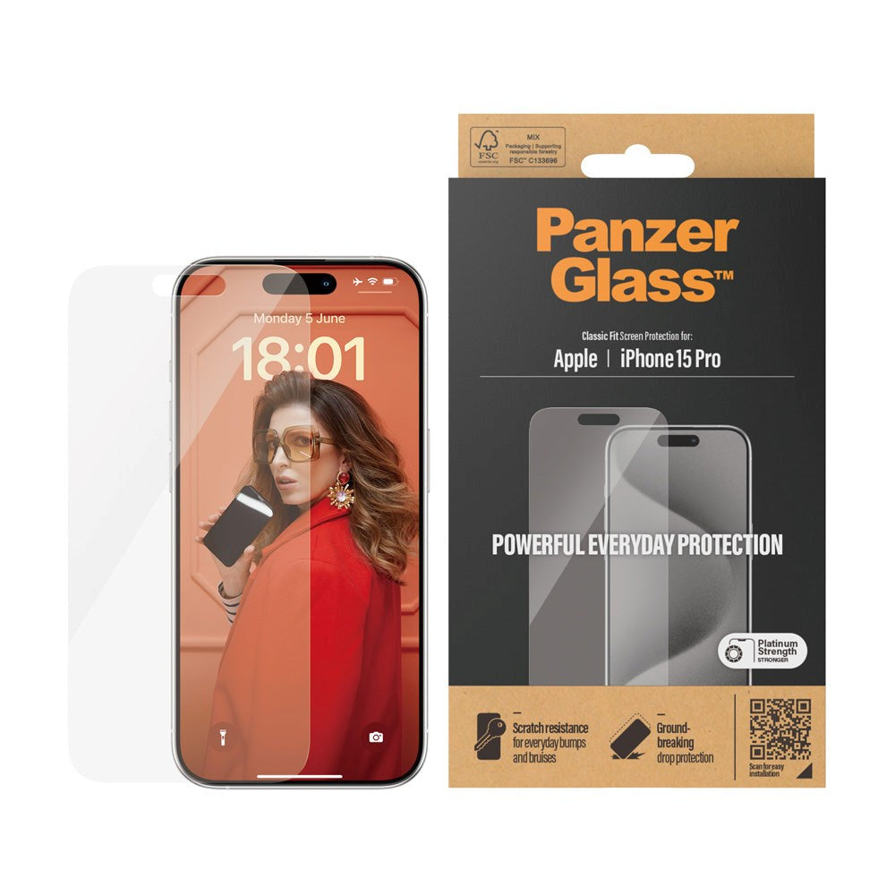 iPhone 15 Pro PanzerGlass Classic Fit Skärmskydd - Platinum Strength - Genomskinlig