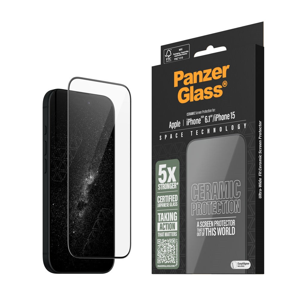 iPhone 16 PanzerGlass Ultra Wide Fit Ceramic Skärmskydd m. EasyAligner - Svart Kant