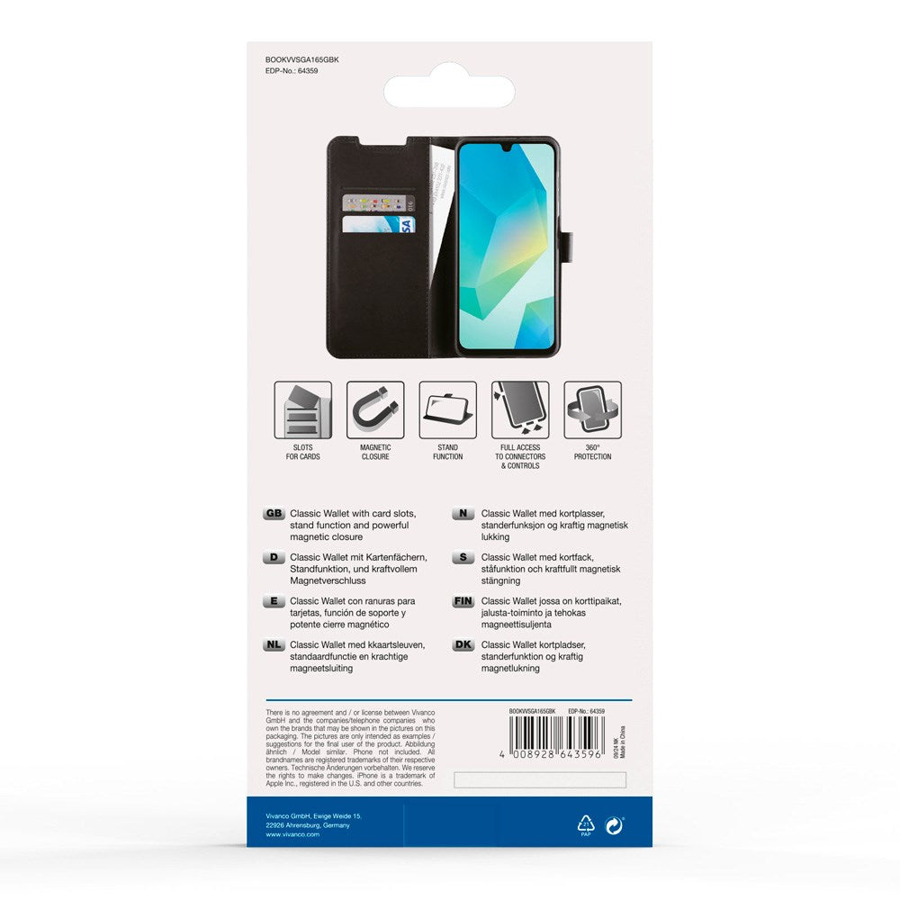 Samsung Galaxy A16 - Vivanco Classic Wallet Flip Fodral m. Ficka - Svart