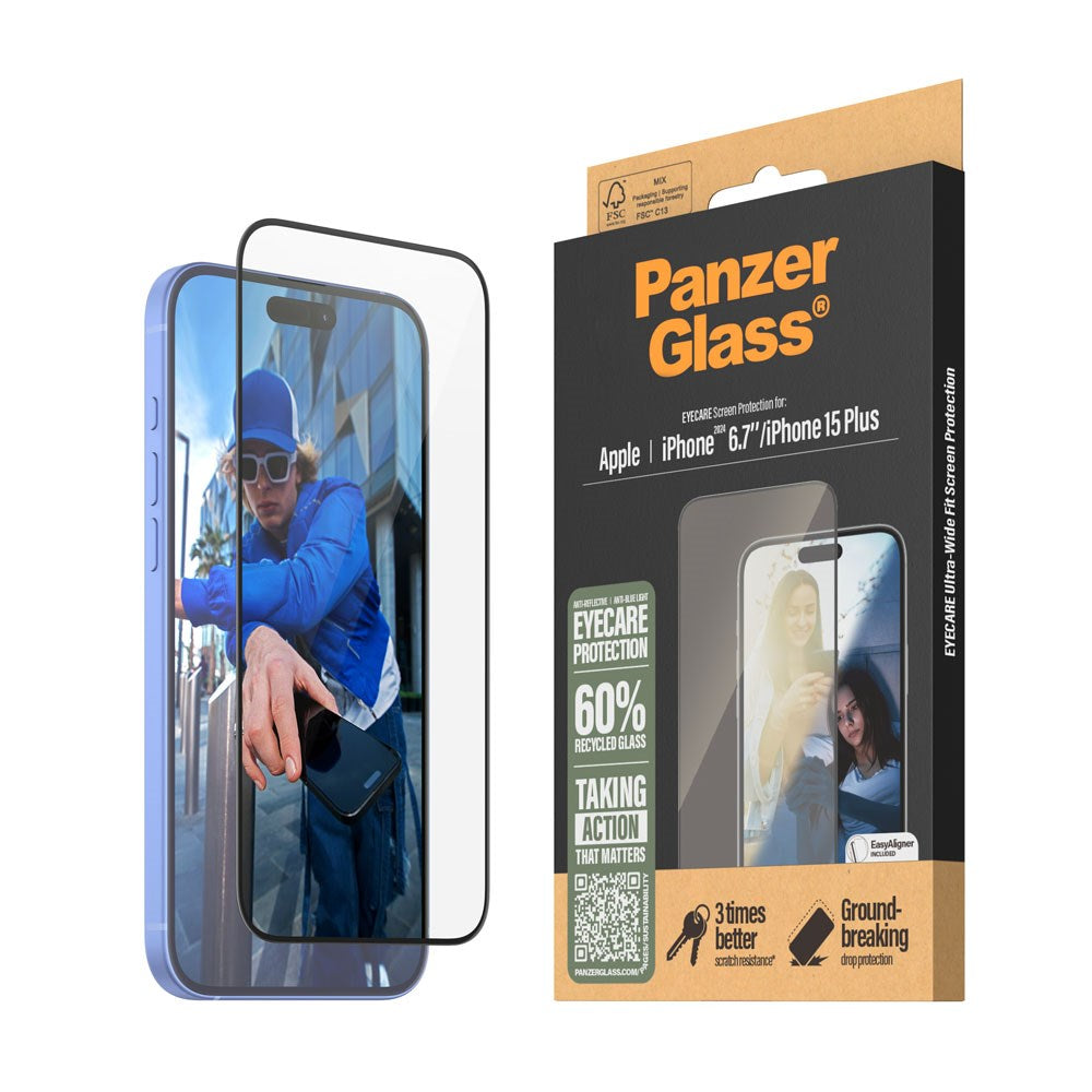 iPhone 16 Plus PanzerGlass Ultra Wide Fit Skärmskydd m. EasyAligner - EyeCare - Diamond Strength - Genomskinlig / Svart Kant