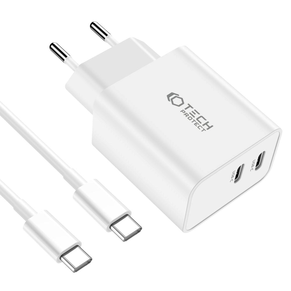 Tech-Protect Network 35W väggladdare med 2 x USB-C & USB-C-Kabel - Vit