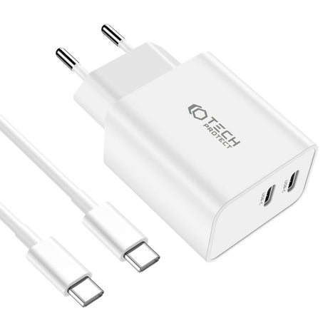 Tech-Protect Network 35W väggladdare med 2 x USB-C & USB-C-Kabel - Vit