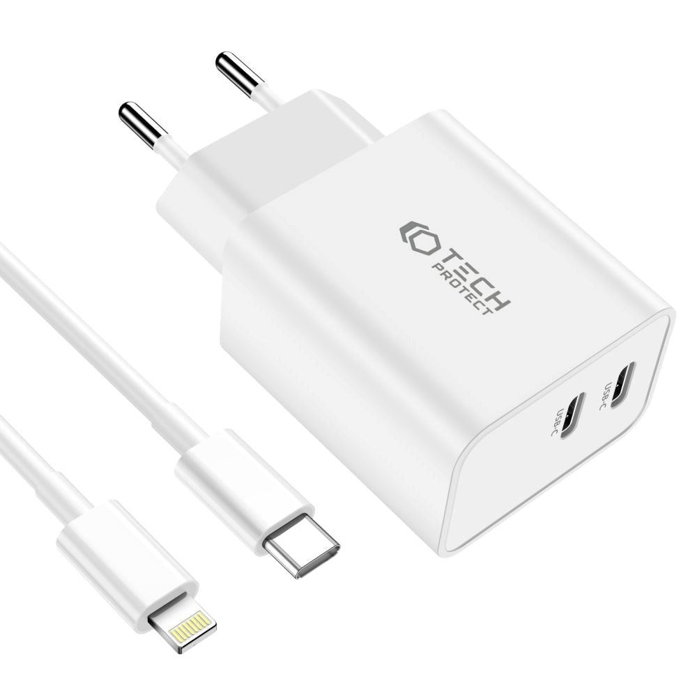 Tech-Protect Network 35W väggladdare med 2 x USB-C & Lightning-Kabel - Vit