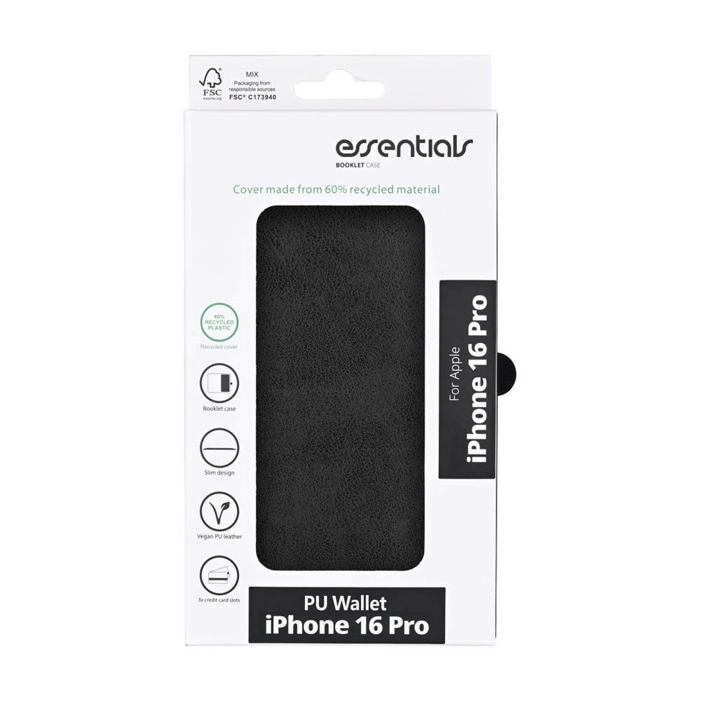 iPhone 16 Pro Essentials Konstläder Fodral m. Korthållare & Ställfunktion - Svart