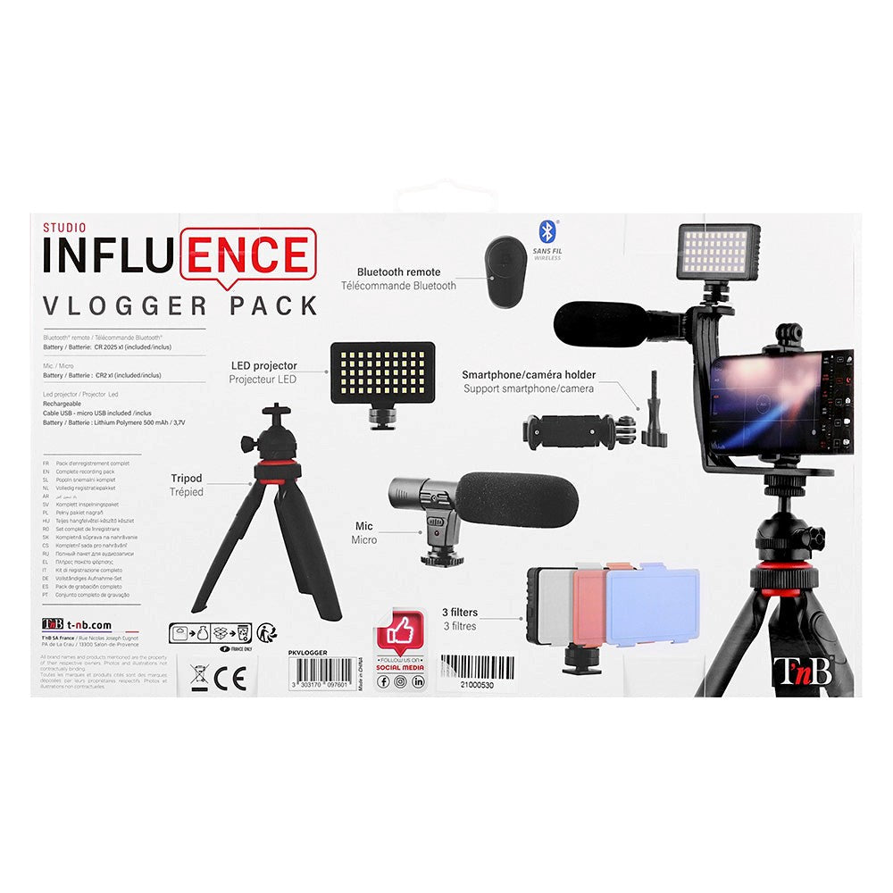 T'NB Influence Vlogger Package - Mobilhållare/Stativ med Mikrofon och Ljus - Svart