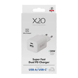 X2O 20W Väggladdare m. 1x USB-A & 1x USB-C - Vit