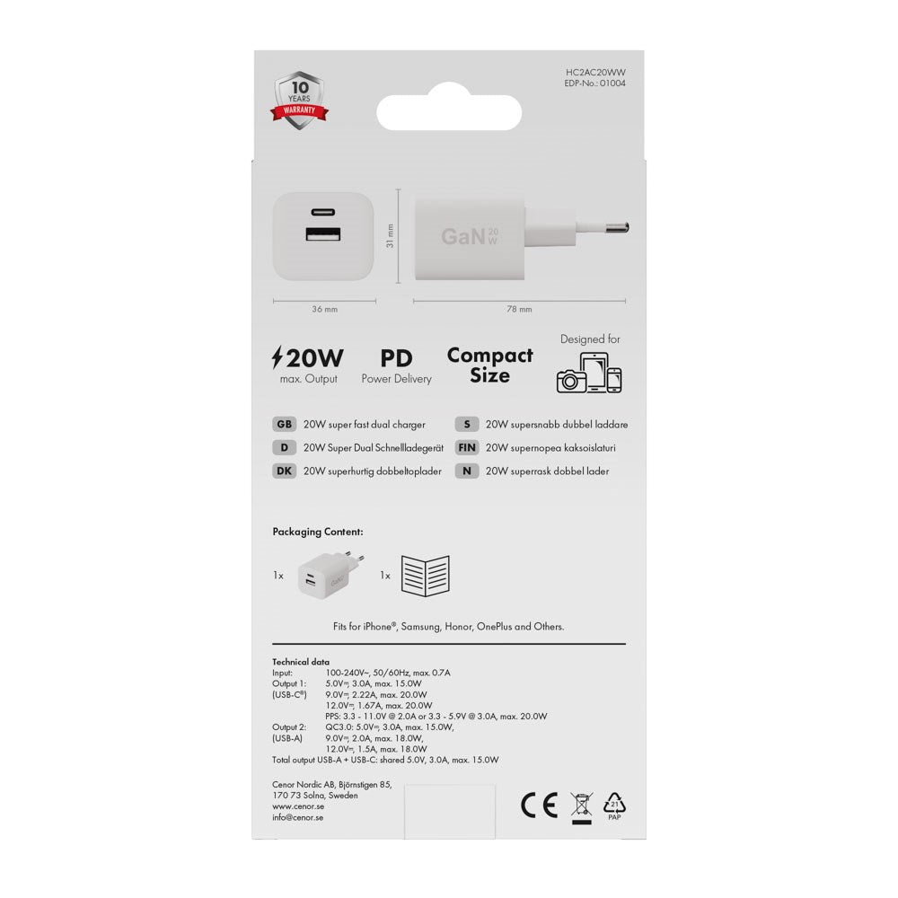 X2O 20W Väggladdare m. 1x USB-A & 1x USB-C - Vit