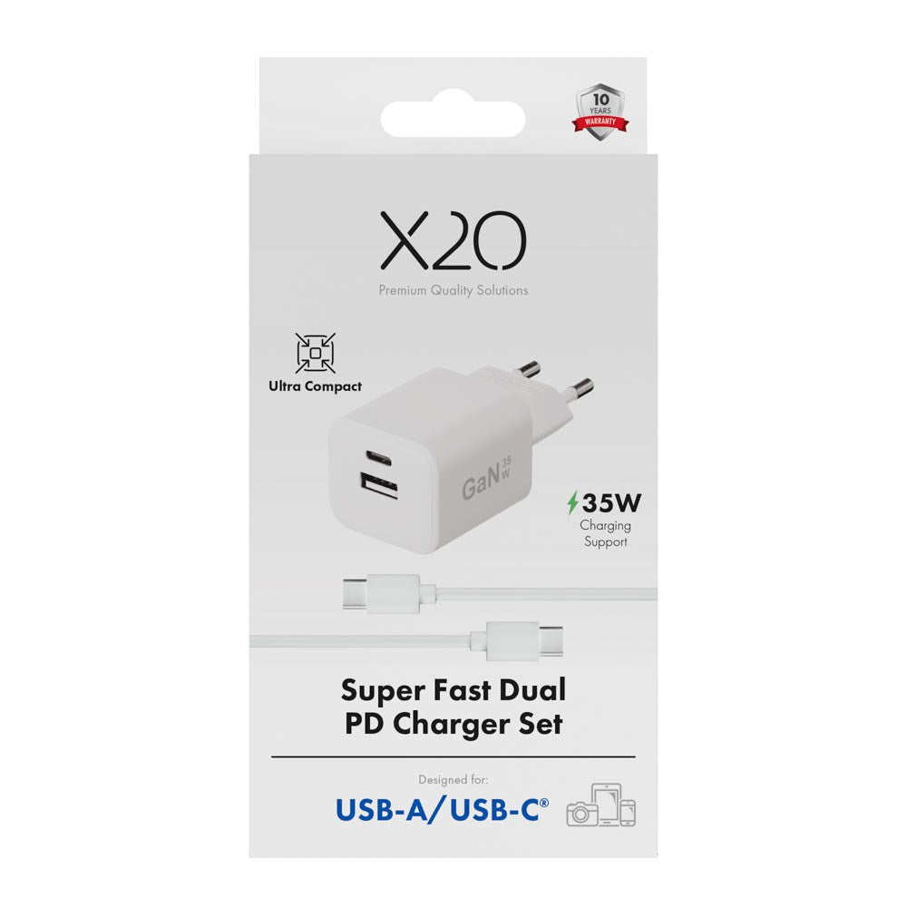X2O 35W Väggladdare m. 1x USB-A / 1x USB-C / 1x USB-C Kabel - 1.2m - Vit
