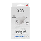 X2O 35W Väggladdare m. 1x USB-A / 1x USB-C / 1x USB-C Kabel - 1.2m - Vit