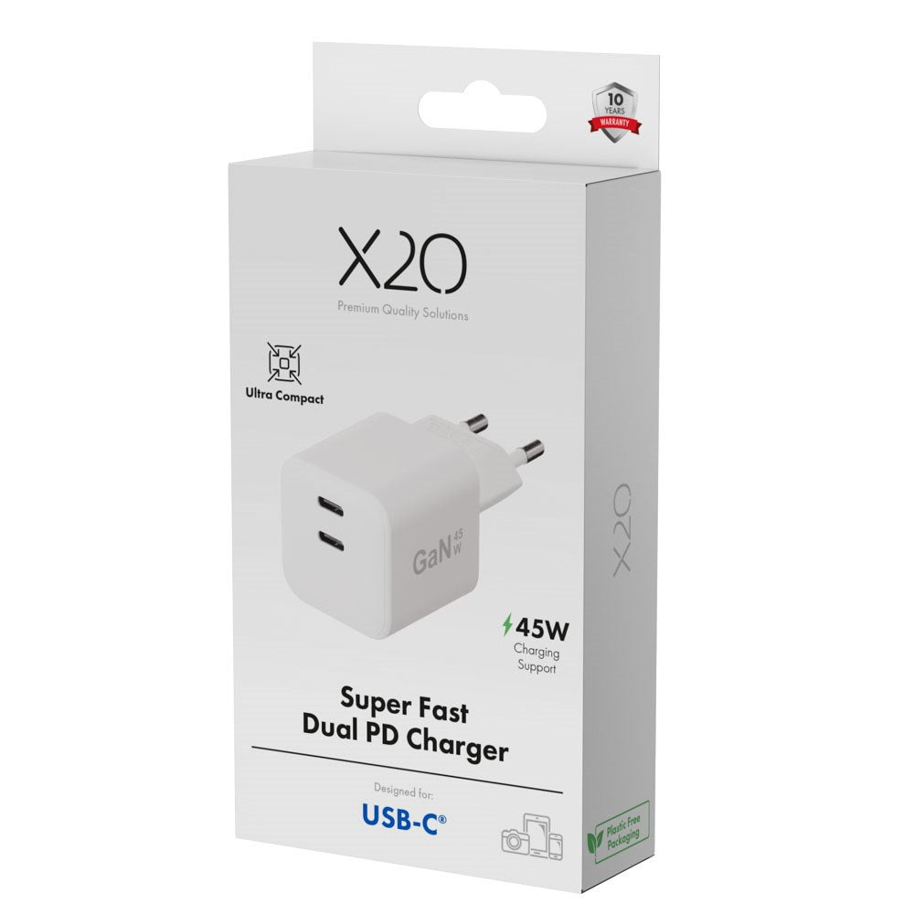 X2O 45W GaN Väggladdare m. 2x USB-C - Vit