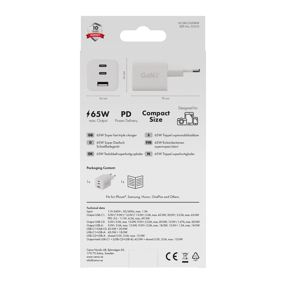 X2O 65W GaN Väggladdare m. 2x USB-C & 1x USB-A - Vit