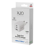 X2O 65W GaN Väggladdare m. 2x USB-C & 1x USB-A - Vit