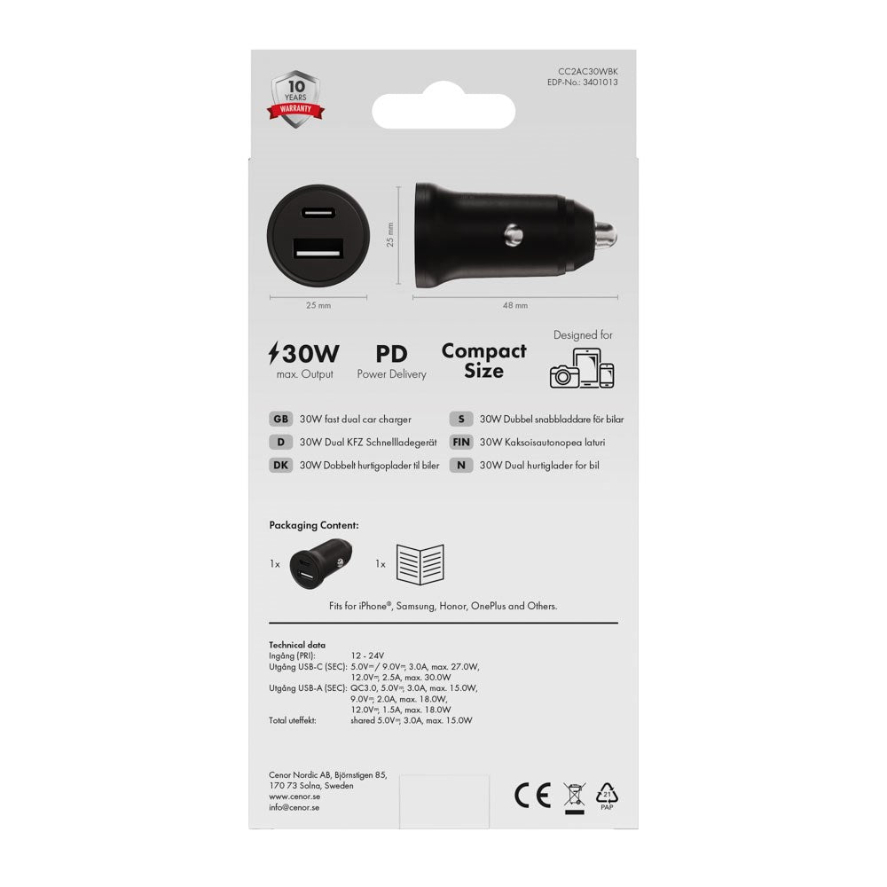X2O 30W Dubbel Billaddare USB-A & USB-C - Svart
