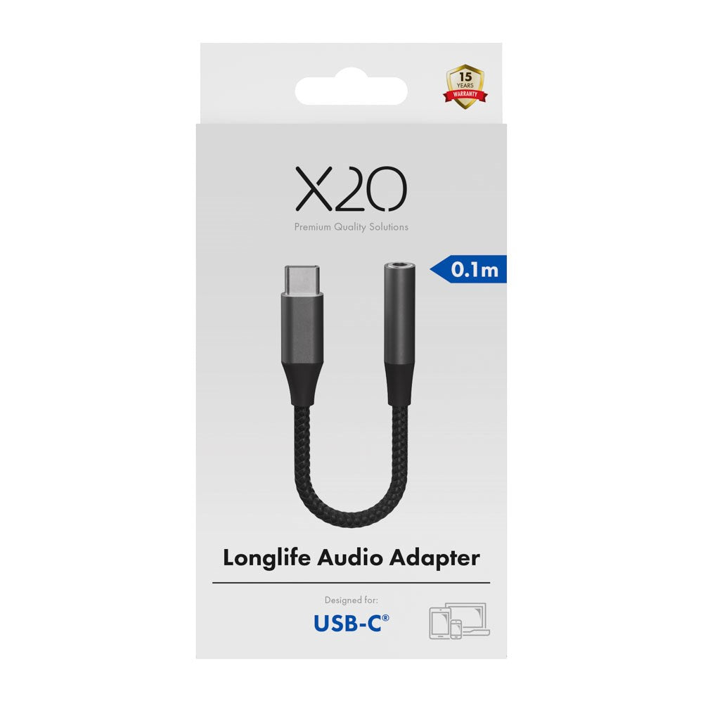 X2O Longlife USB-C till 3.5mm AUX Ljud Adapter - 0.1m - Svart