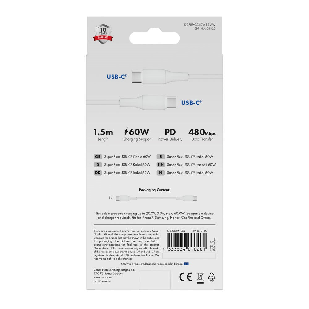 X2O Superflex 60W USB-C till USB-C Kabel - 1.5m - Vit